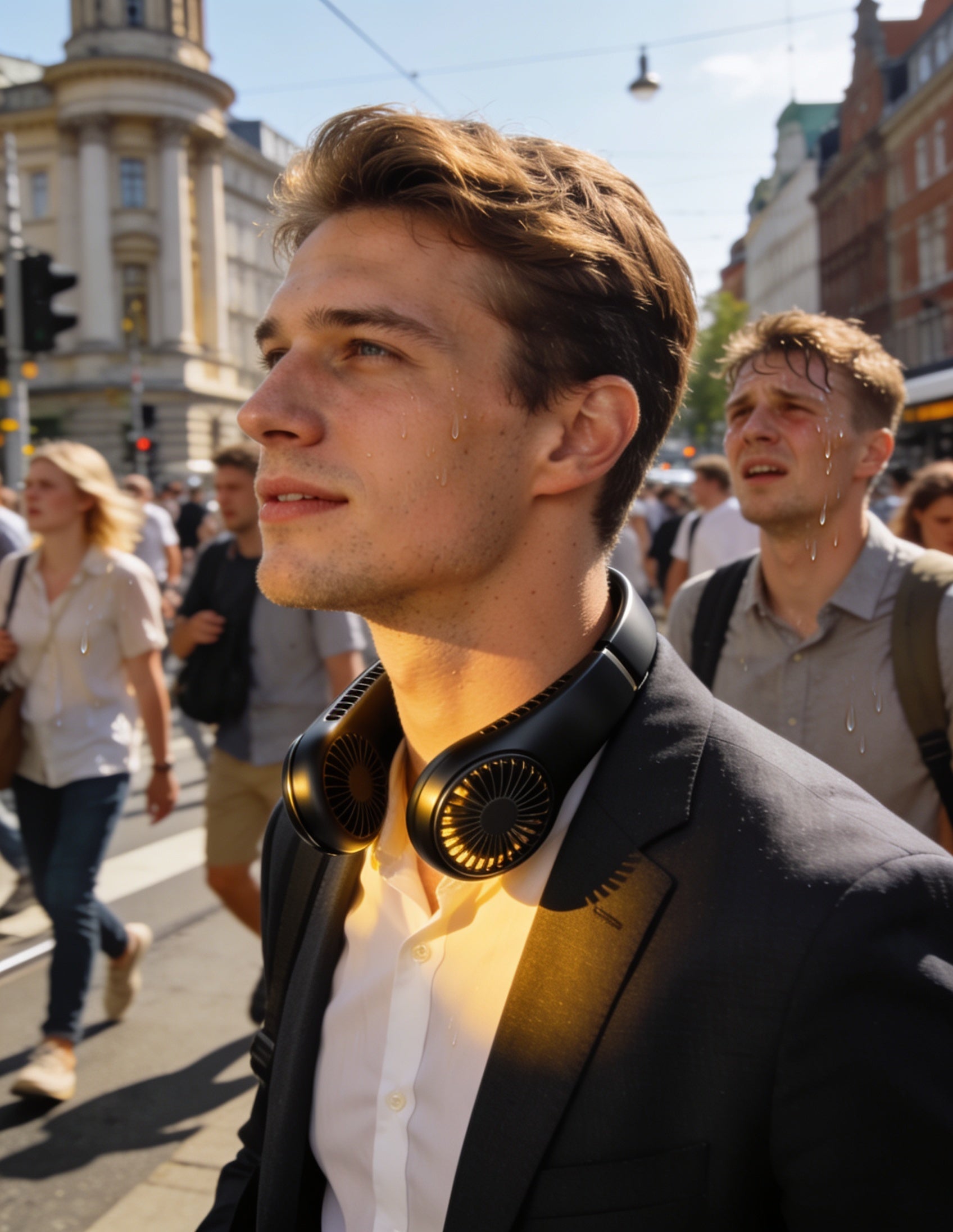 Man wearing BreezeMate neck fan while commuting in European city